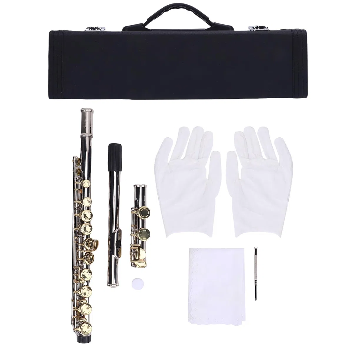 Eujgoov Flauta C de Orificio Cerrado con Teclas G Desplazadas y E Divididas, Cuproníquel, Ideal para Principiantes y Profesionales, Flauta de 16 Teclas con Accesorios Completos