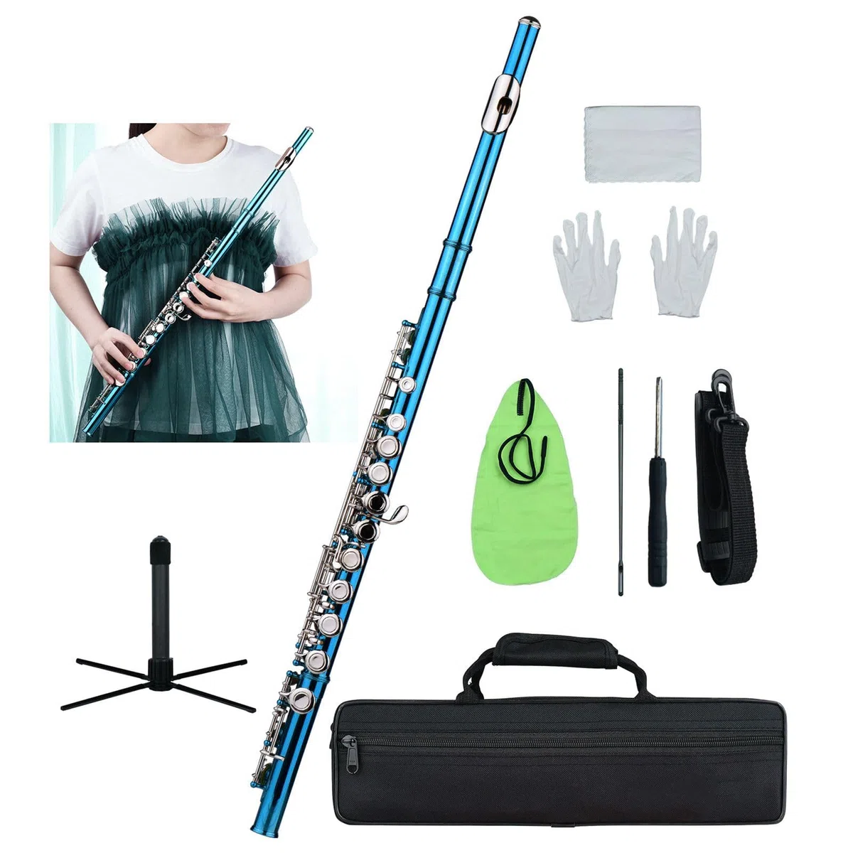 Fafeicy Flauta en C con Material de Cuproníquel de 16 Orificios Cerrados, Color Brillante y Elegante para Interpretación y Práctica Diaria, Incluye Estuche de Transporte Accesorios (azul verde)