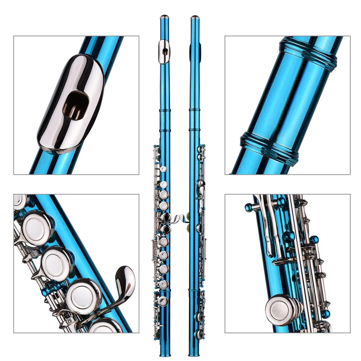 Fafeicy Flauta en C con Material de Cuproníquel de 16 Orificios Cerrados, Color Brillante y Elegante para Interpretación y Práctica Diaria, Incluye Estuche de Transporte Accesorios (azul verde)